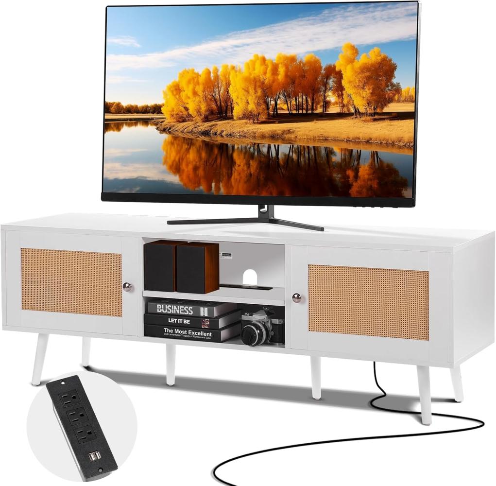 VEVOR Rattan-TV-Ständer für 165 cm Fernseher, Boho-TV-Ständer mit Rattantür, Fernsehschrank mit eingebauter Steckdose und USB-Anschlüssen, Moderne TV-Konsole für Wohnzimmer, Medienraum, weiß Bild 1