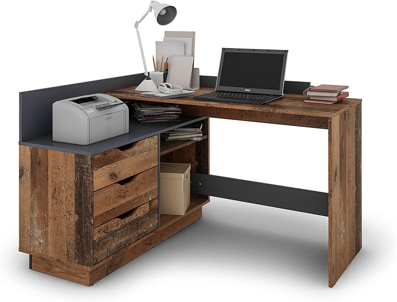 byLIVING Winkelschreibtisch BELFAST / Rechts oder Links montierbar / 3 Schubkästen / Old Wood-Optik - anthrazit /Bürotisch / Eckschreibtisch / Schreibtisch / B 129, H 83,5, T 105 cm Bild 1