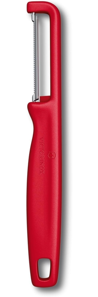 Victorinox Sparschäler "Iota", Schäler für Gemüse, Obst, Zackenschliff, Zweischneidig, Extra Scharf, Swiss Made, rot Bild 1