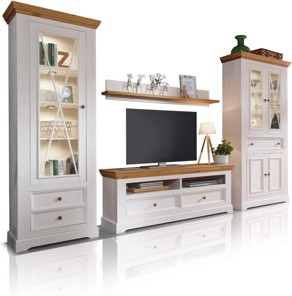 Möbel-Eins BORNHOLM Wohnwand, Material Massivholz, Kiefer weiss/eichefarbig Bild 1