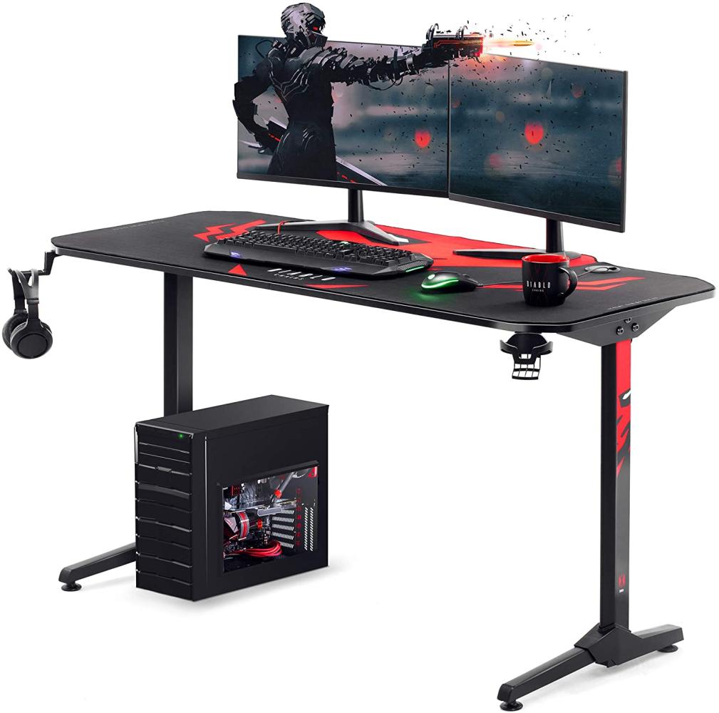 Diablo X-Mate 1400 Gaming Tisch Schreibtisch PC Computertisch Ergonomisch Carbon Tischplatte Kopfhörerhaken Getränkehalter Rutschfester Fußschutz (140 x 76 x 66 cm) Bild 1