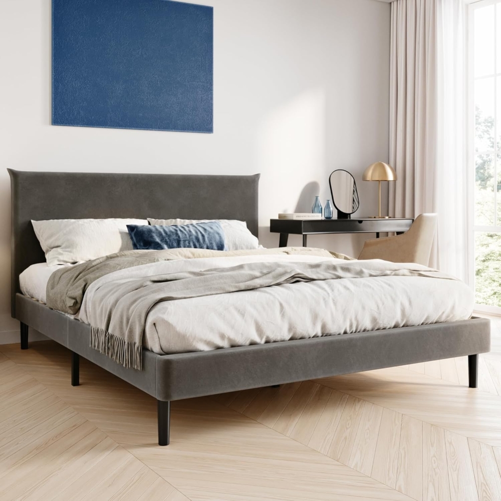 Home Collective Polsterbett 140x200 und 160x200 cm mit Lattenrost und weichem Bezug, Bettgestell (Doppelbett mit gepolstertem Kopfteil, robustes Gestell, hoher Liegekomfort), 160x200 cm, Grau, Samtbezug Bild 1