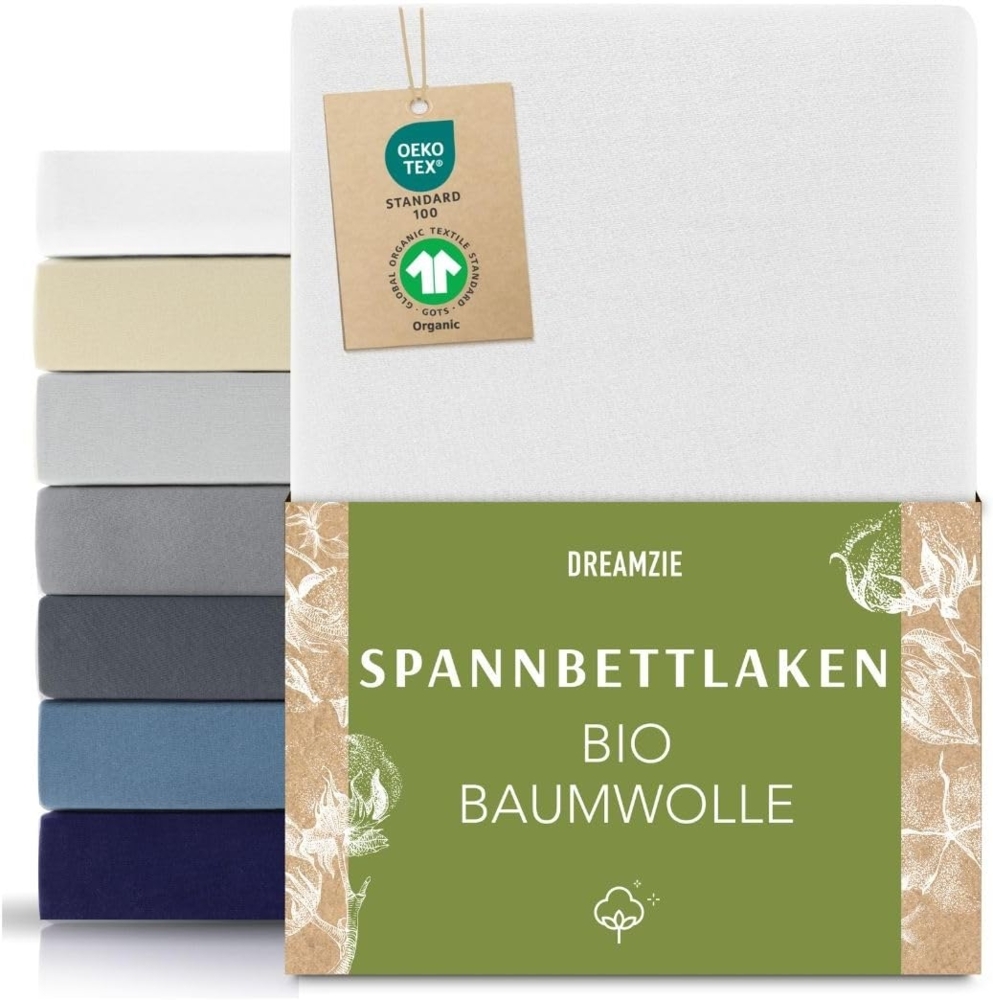 Dreamzie Premium Spannbettlaken 120x200 cm bis 130x200 cm Weiß, Spannbetttuch aus 100% Jersey Biobaumwolle, 150 g/m² - Oeko-TEX Bild 1
