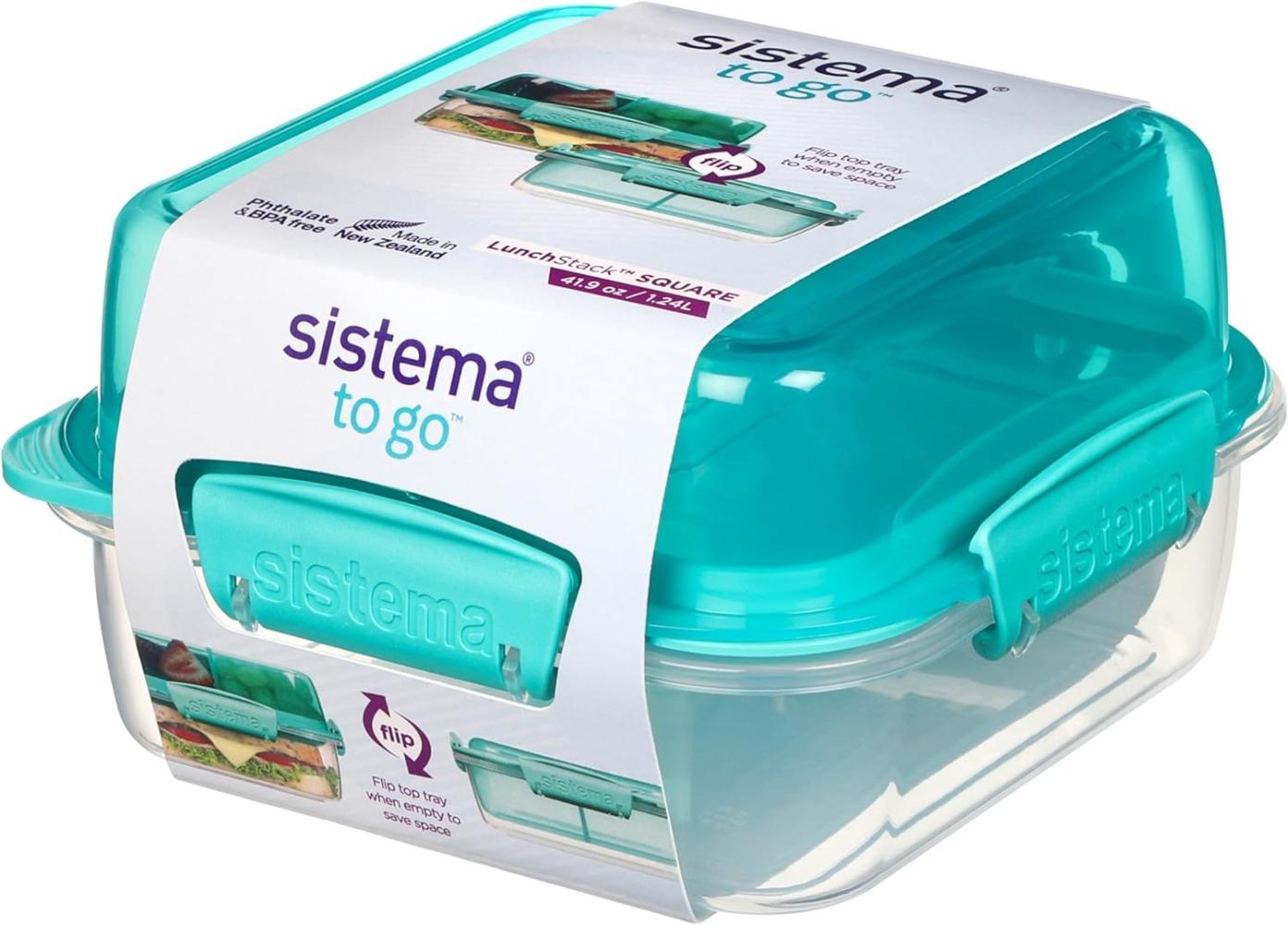 Sistema LunchStack TO GO, quadratische Brotdose Kinder mit Fächern | 1,24 L Bento Lunchbox Lebensmittelbehälter | BPA-frei | türkis Bild 1