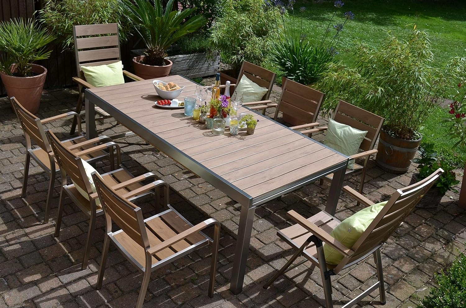 Garnitur Orlando im Edelstahl/Teak Look 180/270cmx100cm + 2 Hochlehner und 6 Stapelsessel Bild 1