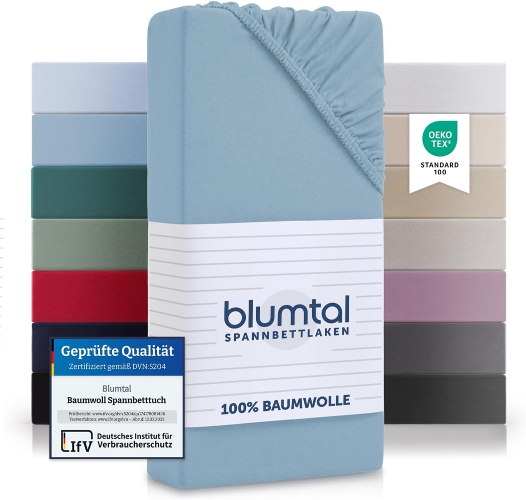 Blumtal® Baumwolle Spannbettlaken 140x200 cm Basics Jersey im 2er Set - Bettbezug 140x200 cm - Oeko-TEX zertifiziertes Spannbetttuch 140x200 cm - Matratzenbezug 140x200 - Leintuch 140x200 - Dusk Blue Bild 1