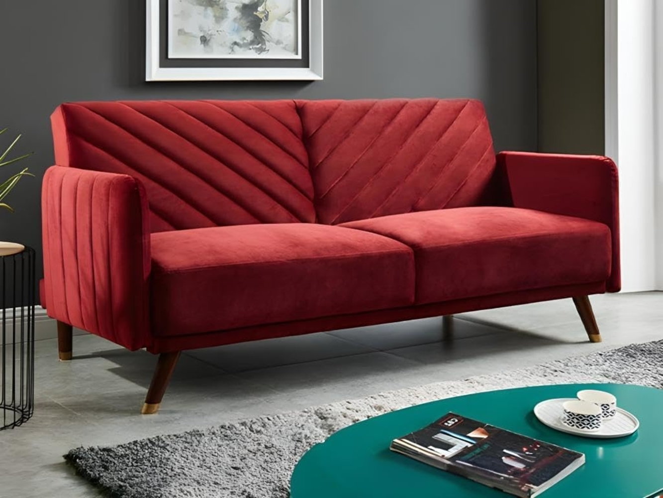 Schlafsofa Klappsofa 3-Sitzer JORIS - Samt - Rot Bild 1