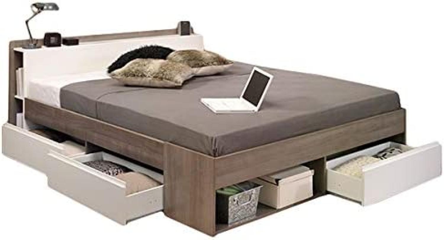 Funktionsbett Most 1 Parisot 140×200 cm + 3 Bettkästen + Kopfteil-Regal + Fächer Eiche-Silber - Weiß Bild 1