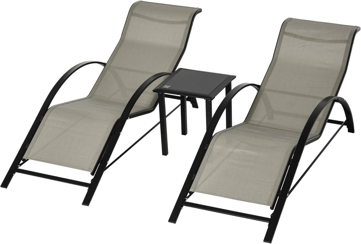 Outsunny Gartenliege 3-tlg. Sonnenliege mit Tisch, Liege, 3 St, Gartensitzgruppe, Metall Mesh Grau+Schwarz 2 x Sessel 1 x Tisch Bild 1