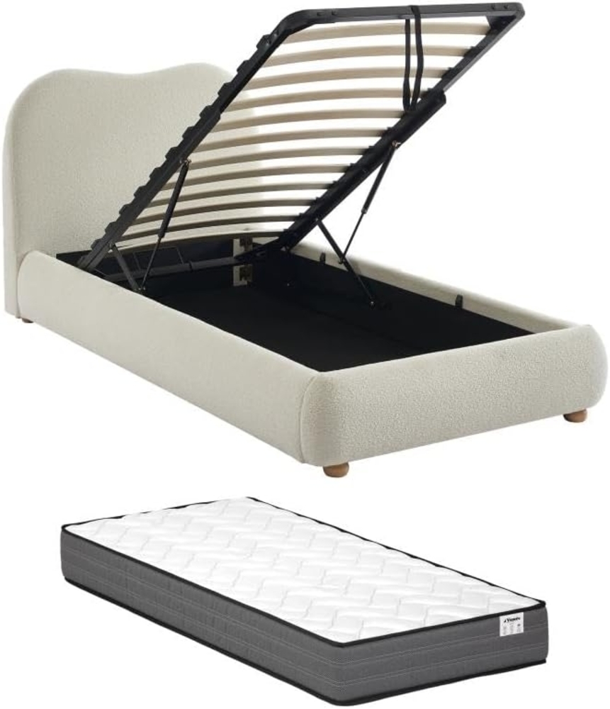 Vente-unique - Bett mit Bettkasten - 90 x 190 cm - Bouclé-Stoff - Beige + Matratze - VANARI Bild 1