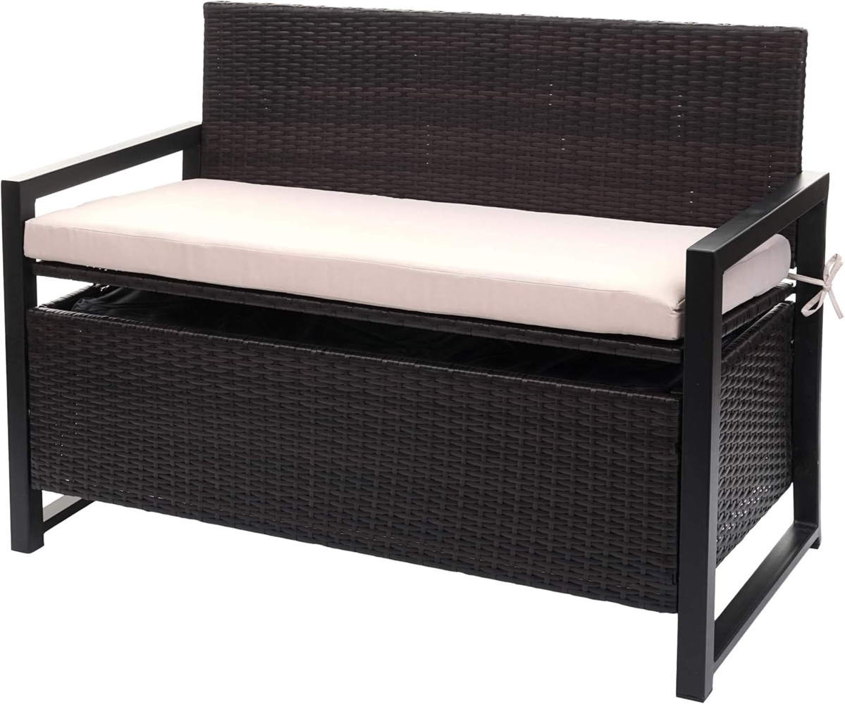 Poly-Rattan 2er Sitzbank HWC-F39, Gartenbank Truhenbank, Staufach Aufbewahrung Sitzkissen ~ braun, Kissen beige Bild 1