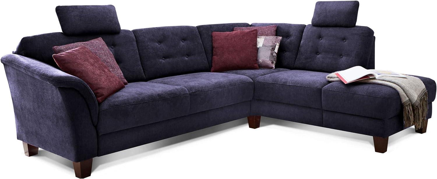 Cavadore Ecksofa Trond mit Ottomane rechts / Federkern-Sofa im Landhausstil mit 2 Kopfstützen und Vorziehsitz mit Bettkasten / 260 x 89 x 214 / Webstoff blau Bild 1