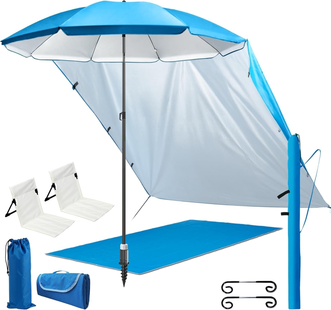 4smile Sonnenschirm 6er-Set in Blau, Ø 180 cm,Sonnenschirm Strand, bequeme Strandliege, stabiler Schirmständer Erdspieß, Sonnensegel Strand, leichte Stranddecke(1,5x2 m), Schirmhülle Bild 1