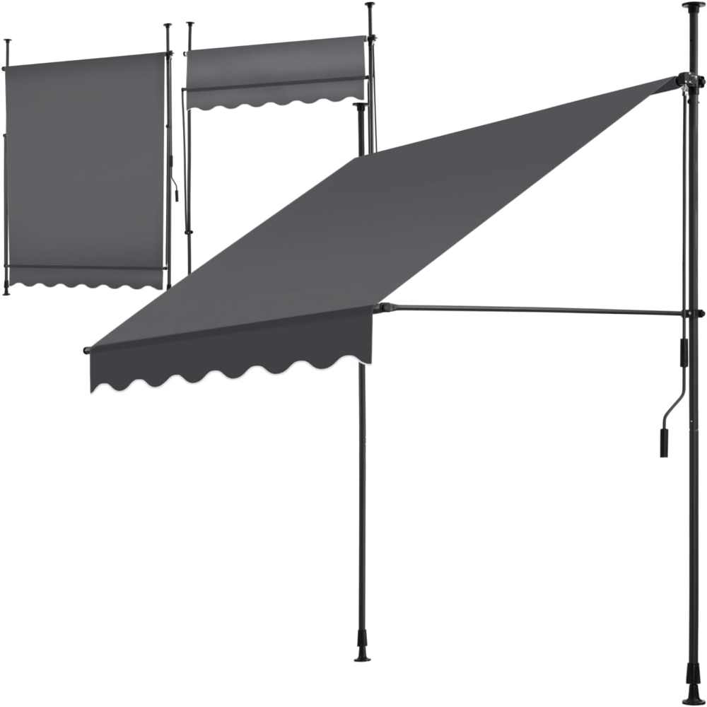 tectake® Klemmmarkise mit Handkurbel, Balkon Markise ohne Bohren, Markise höhenverstellbar, UV-beständig, wasserabweisend, Terrassenüberdachung, Sonnenschutz Terrasse & Balkon, 150 cm - schwarz/grau Bild 1