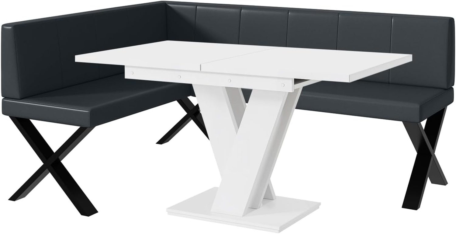 MEBLINI Eckbank für Esszimmer mit ausziehbarem Tisch - Küchenbank - Essecke - Sitzecke Küche - PETER - X-Beine 128x168x87cm Links - Dunkelgrau Kunstleder/M Weiß Matt Bild 1
