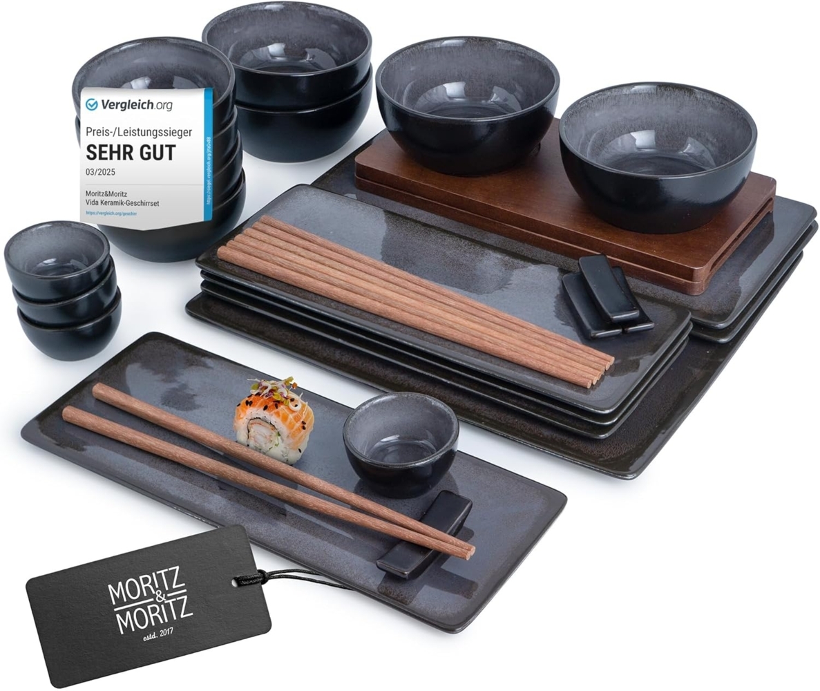 Moritz & Moritz VIDA 29-tlg. Sushi Geschirr Set für 4 Personen - Servierset mit 3x -Platte - 4x -Teller, Miso-Schale, Schälchen und Stäbchen Bild 1