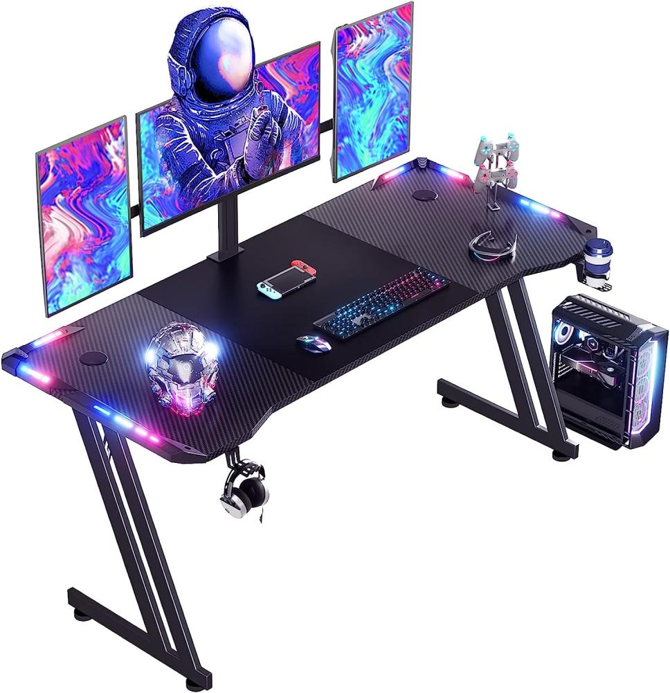 RGB Gaming Schreibtisch mit Fernbedienung mit LED-Beleuchtung Belastbar Arbeitstisch Gaming-Tisch Gaming-PC Computertisch Mit Getränkehalter und Kopfhörerhaken (60 x 160 cm) Bild 1