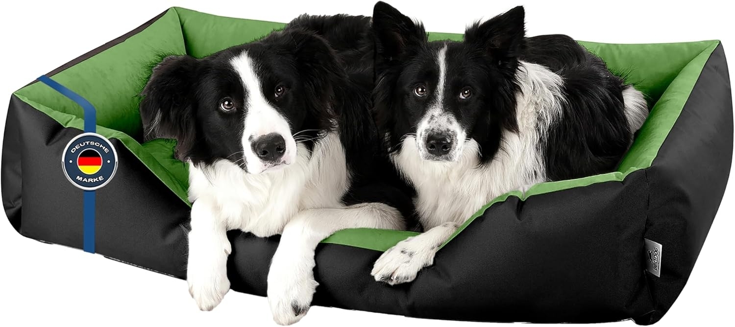 BedDog Hundebett LUPI, Hundesofa aus Cordura, Microfaser-Velours, waschbares Hundebett mit Rand, Hundekissen vier-eckig (XXXL) ca. 150x110x28cm, GREEN-FIELD (schwarz/grün) Bild 1