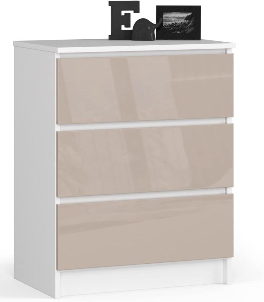 AKORD Kommode K60 mit 3 Schubladen | für das Wohnzimmer Schlafzimmer Schrank Büro Arbeitszimmer | Modernes Funktionales Design | B60 x H77 x T40 cm, Gewicht 25 kgWeiß/Glänzender Cappuccino Bild 1