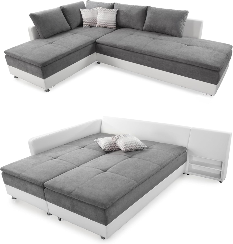 luma-home Ecksofa 15104, Dauerschläfer-Doppelbett 306x223 cm, Schwenkteil rechts, Bettkasten, Regal, Boxspring, Federkern, Wellenunterfederung, Topper, Mikrofaser Hell-Grau/Kunstleder Weiß Bild 1