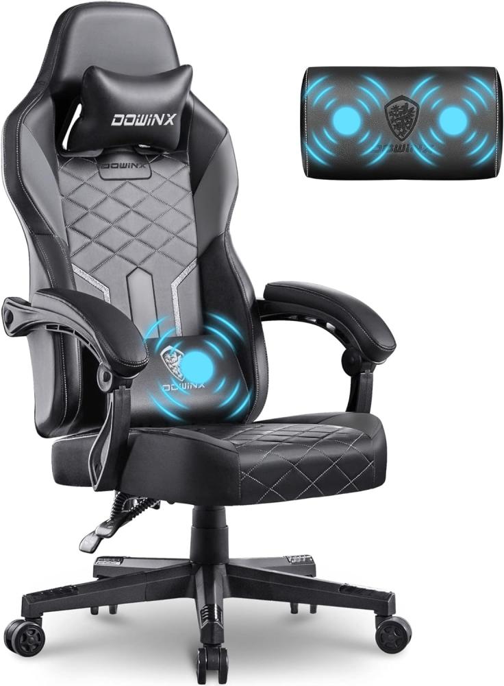 Dowinx Gaming Stuhl Racing Gamer Stuhl mit Frühling Kissen, Ergonomischer Gaming Sessel mit Massage, Bürostuhl PU Leder PC-Stuhl Verbreiterte Rückenlehne 150KG (Schwarz Grau) Bild 1