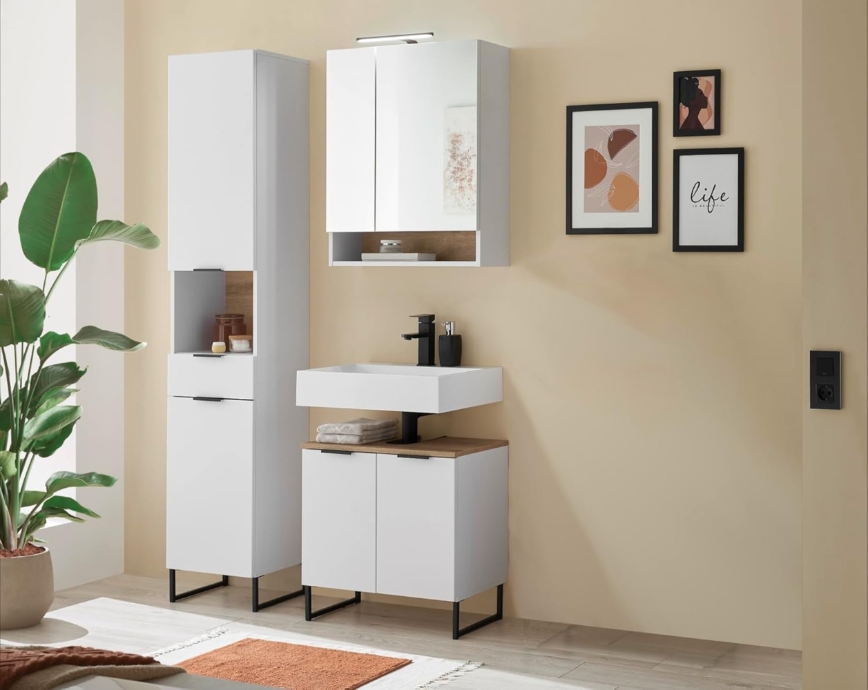 moebel-dich-auf Badmöbel-Set Aspen 60, (Set 2, Hochschrank, Spiegelschrank, Waschbeckenunterschrank, 3-St), Softclose Bild 1