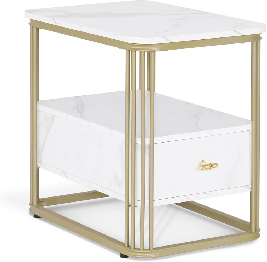 M MCombo Beistelltisch mit Schublade, Modern Sofatisch Marmor Weiß Gold, Klein Kaffeetisch Metallgestell, Nachttisch mit 2 Ablagen, Couchtisch für Wohnzimmer, 60x40x55, 2138 Bild 1