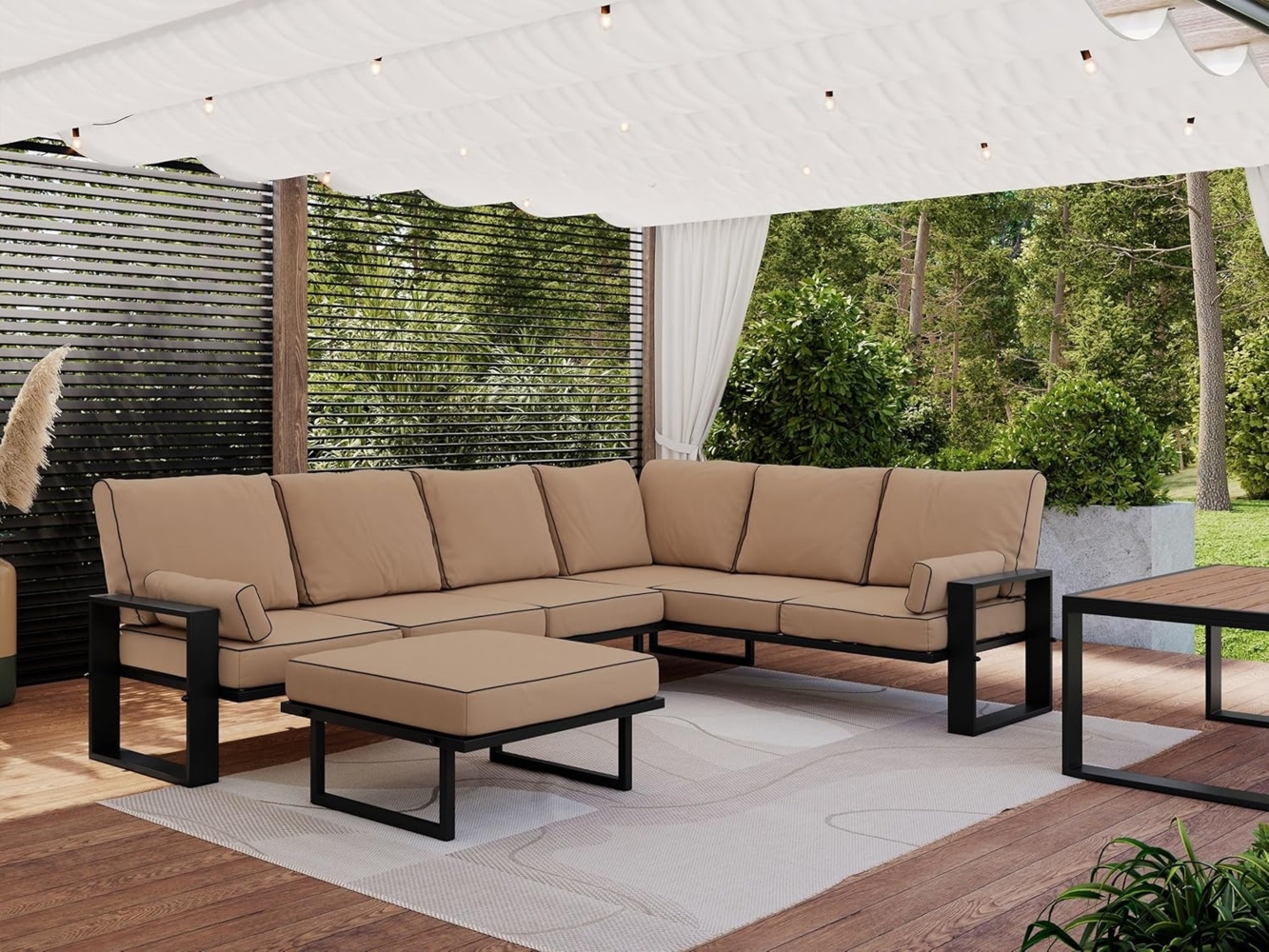 Outdoor Gartenmöbel, Set für 7 Personen, Gartenlounge Set mit Tisch, Hocker und Ecksofa - ELBA 4 - beige Bild 1