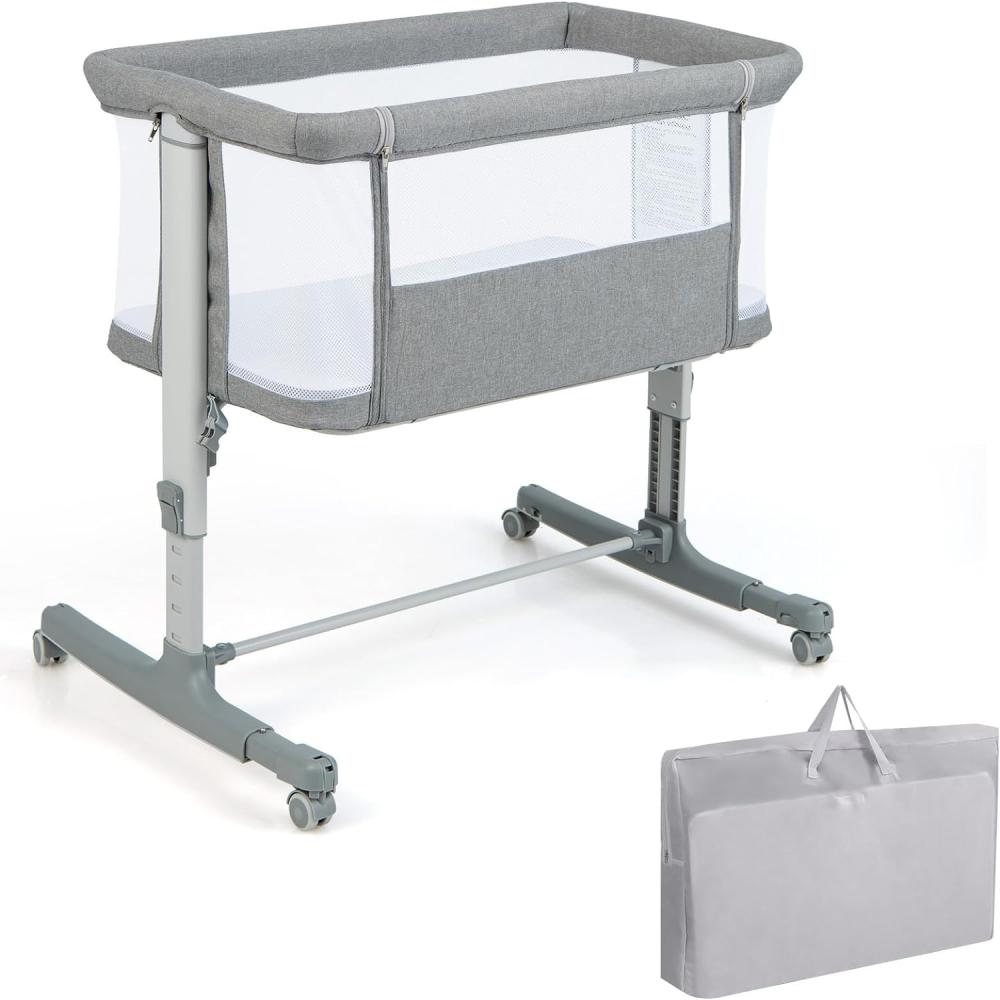 COSTWAY 3 in 1 Beistellbett, Reisebett Baby mit Matratze, Babybett & Babywiege & Kinderbett 5-stufig höhenverstellbar 10° Neigung, Stubenwagen mit Tragetasche bis 9kg belastbar (Hellgrau) Bild 1