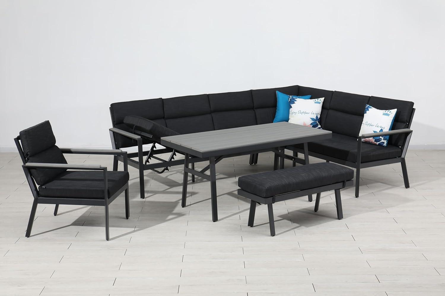 Gardissimo Dining-Ecklounge "Nabari XL" inkl. Ecksofa, Bank, Tisch und Kissen, anthrazit / grau, mit Sessel,rechts Bild 1