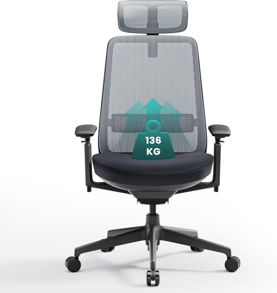 COLAMY Ergonomischer Bürostuhl, Mesh Stuhl mit hoher Rückenlehne, Computer Chefsessel mit Lendenwirbelstütze, verstellbare Kopfstütze und 4D Armlehnen, Schiebesitz, Schwarz & Grau Bild 1