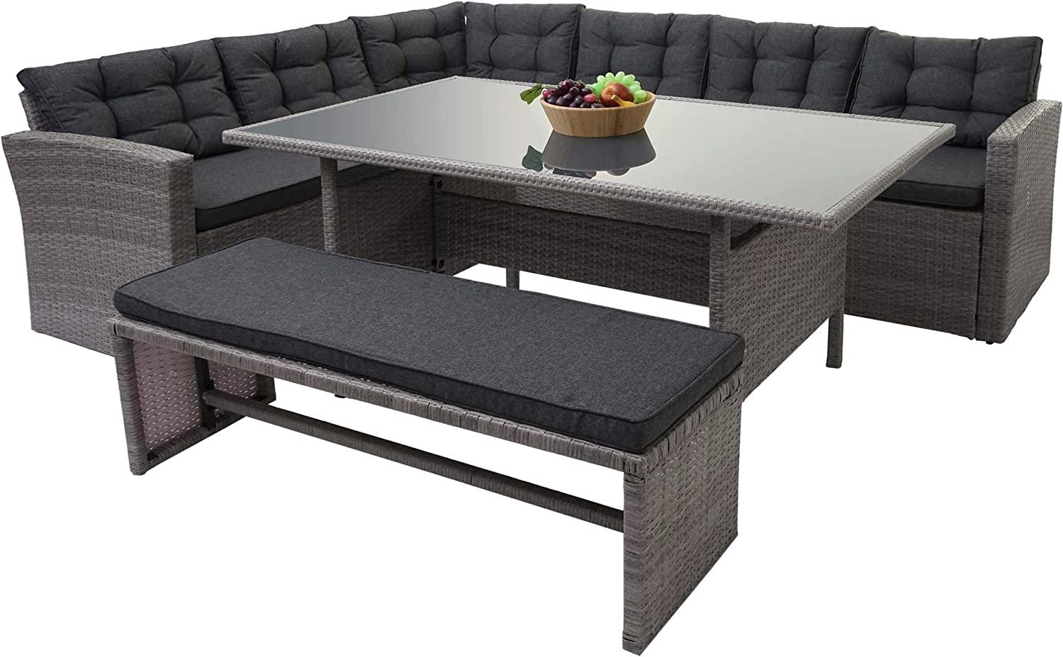 Poly-Rattan-Garnitur HWC-A29, Gartengarnitur Sitzgruppe Lounge-Esstisch-Set Sofa ~ grau, Kissen grau + Bank Bild 1