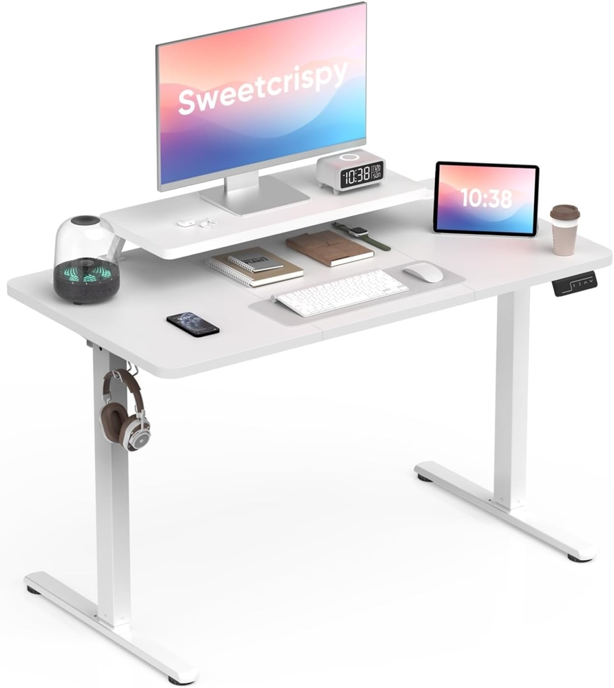 Sweetcrispy Höhenverstellbarer Schreibtisch mit Monitorständer, 120x60 cm Schreibtisch Höhenverstellbar Elektrisch, Ergonomischer Steh-Sitz Tisch, Computertisch Standing Desk, Weiß Bild 1