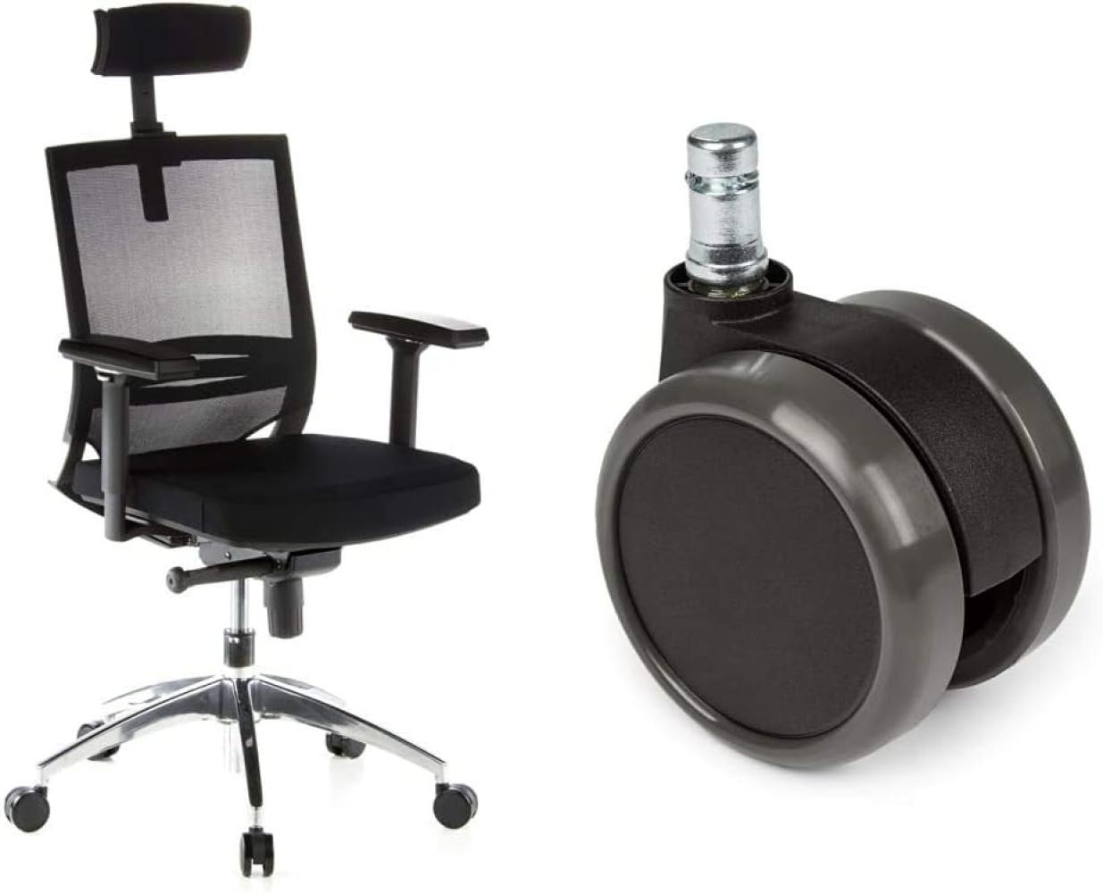 hjh OFFICE 657240 Bürostuhl Drehstuhl Porto MAX Netzstoff schwarz + Hartbodenrollen für Bürostuhl ROLO Stift 11 mm/Rolle 65 mm Bild 1
