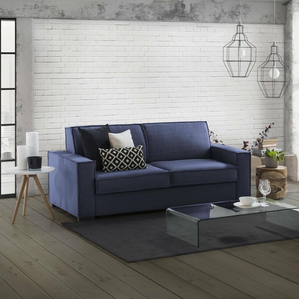 Talamo Italia Schlafsofa Beatrice mit 2 Sitzen Large,Wohnzimmersofa,Made in Italy,Drehbare Öffnung mit Matratze und Netz inklusive,aus gepolstertem Stoff,mit Standardarmlehnen,cm: 200x95h90,Farbe Blau Bild 1