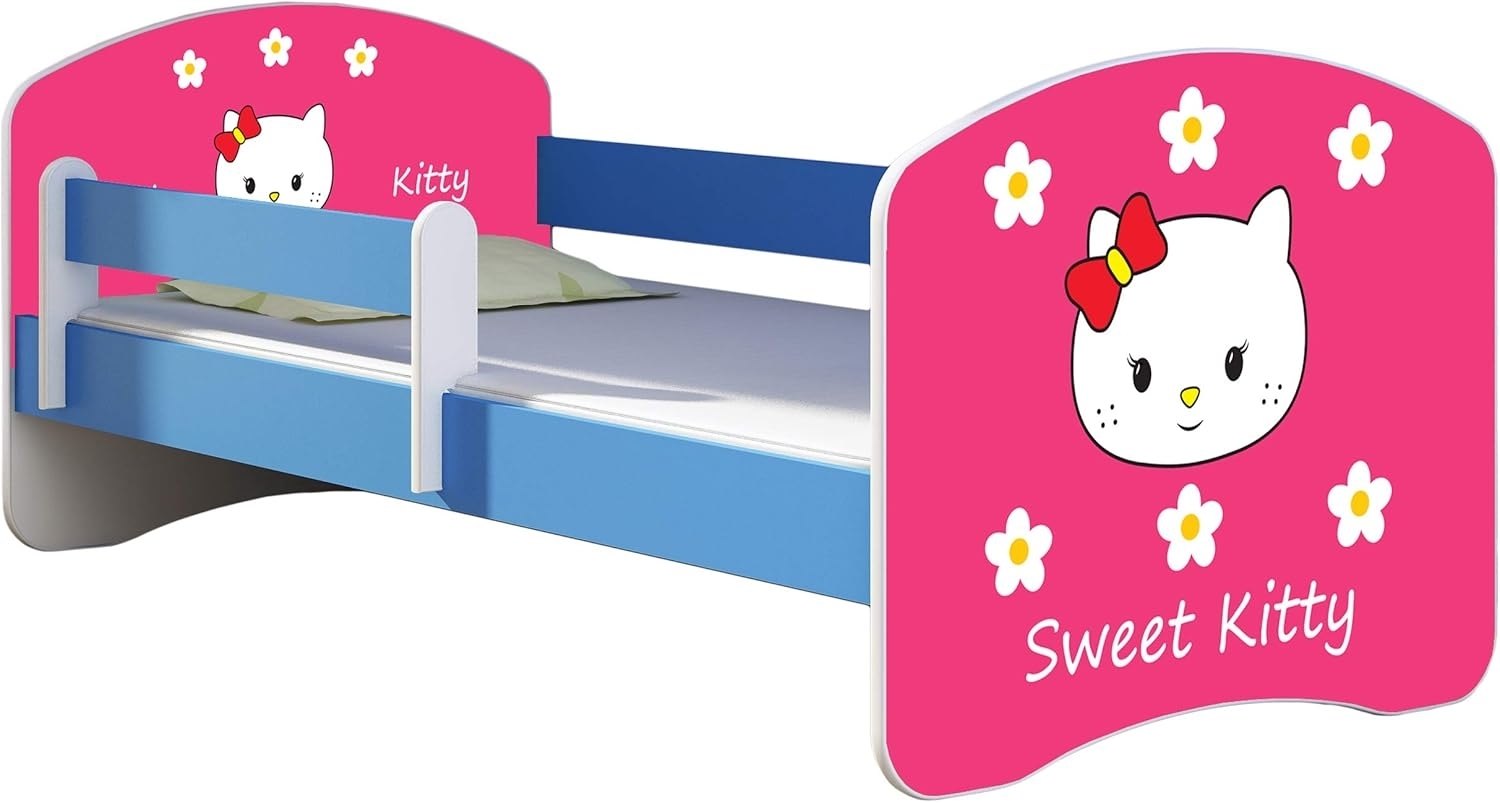 ACMA Kinderbett Jugendbett mit Einer Schublade und Matratze Blau mit Rausfallschutz Lattenrost II 140x70 160x80 180x80 (16 Sweet Kitty 2, 180x80) Bild 1
