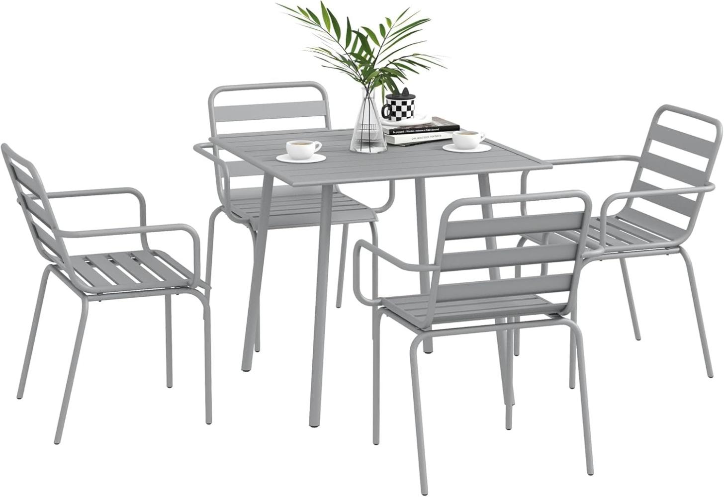 Outsunny Garten-Essgruppe Sitzgruppe mit 1 Esstisch, 4 stapelbaren Stühlen, (Gartengarnitur, 5-tlg, Sitzgarnitur), für Balkon, Terrasse, Stahl, Hellgrau Bild 1