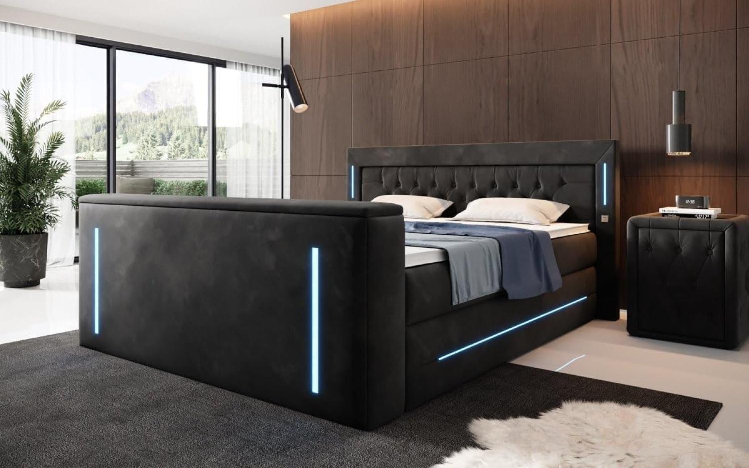 Designermöbel 'Divalo' Boxspringbett mit TV Lift und RGB-Beleuchtung, Stauraum, Federkernmatratze H3, Samt schwarz, 180 x 200 cm Bild 1