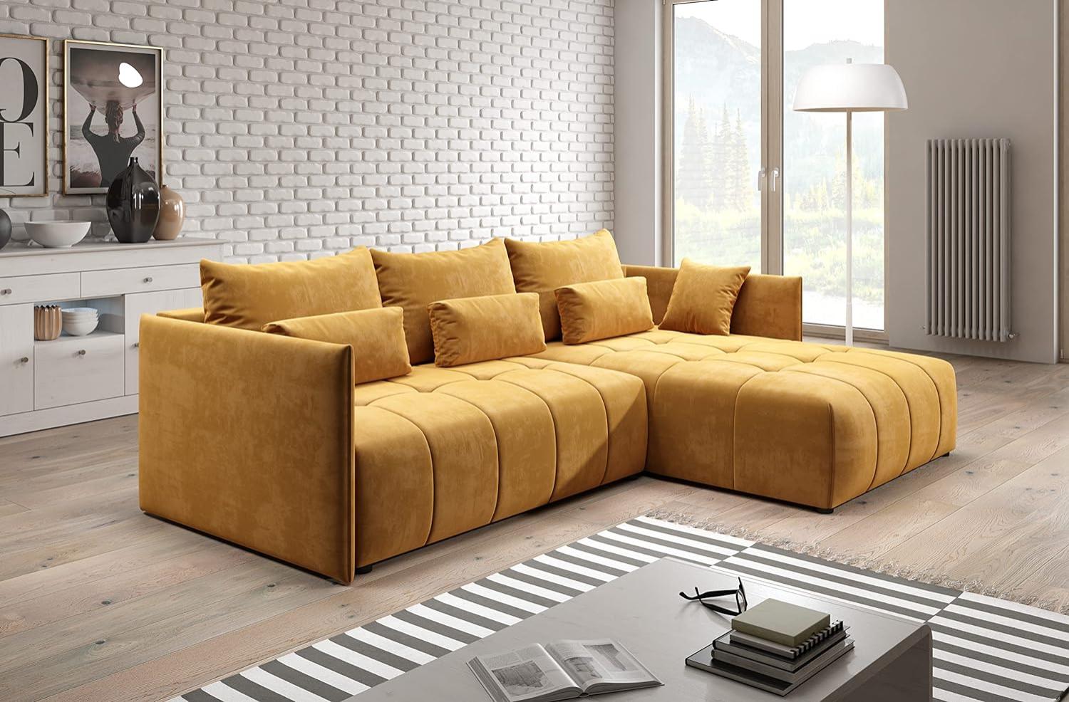 FURNIX Ecksofa Yalta mit Schlaffunktion und Bettkasten - Couch L-Form Sofa mit Kissen - Stellfüße in Chromoptik - B245 x H83 x T182 cm, Liegefläche: 147 x 232 cm - KR01 (Orange) Bild 1