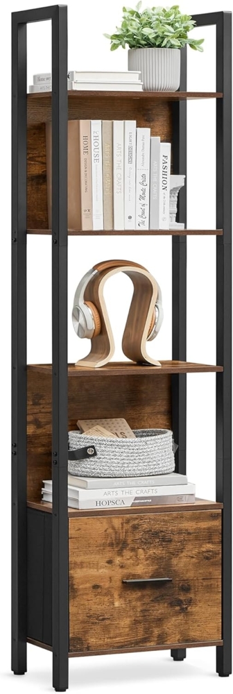 VASAGLE Bücherregal mit 5 Ebenen, Eckregal mit Schublade, Leiterregal, Industrial-Design, mit Stahlrahmen, für Wohnzimmer, Home Office, Schlafzimmer, 24 x 40 x 165 cm, vintagebraun-schwarz Bild 1