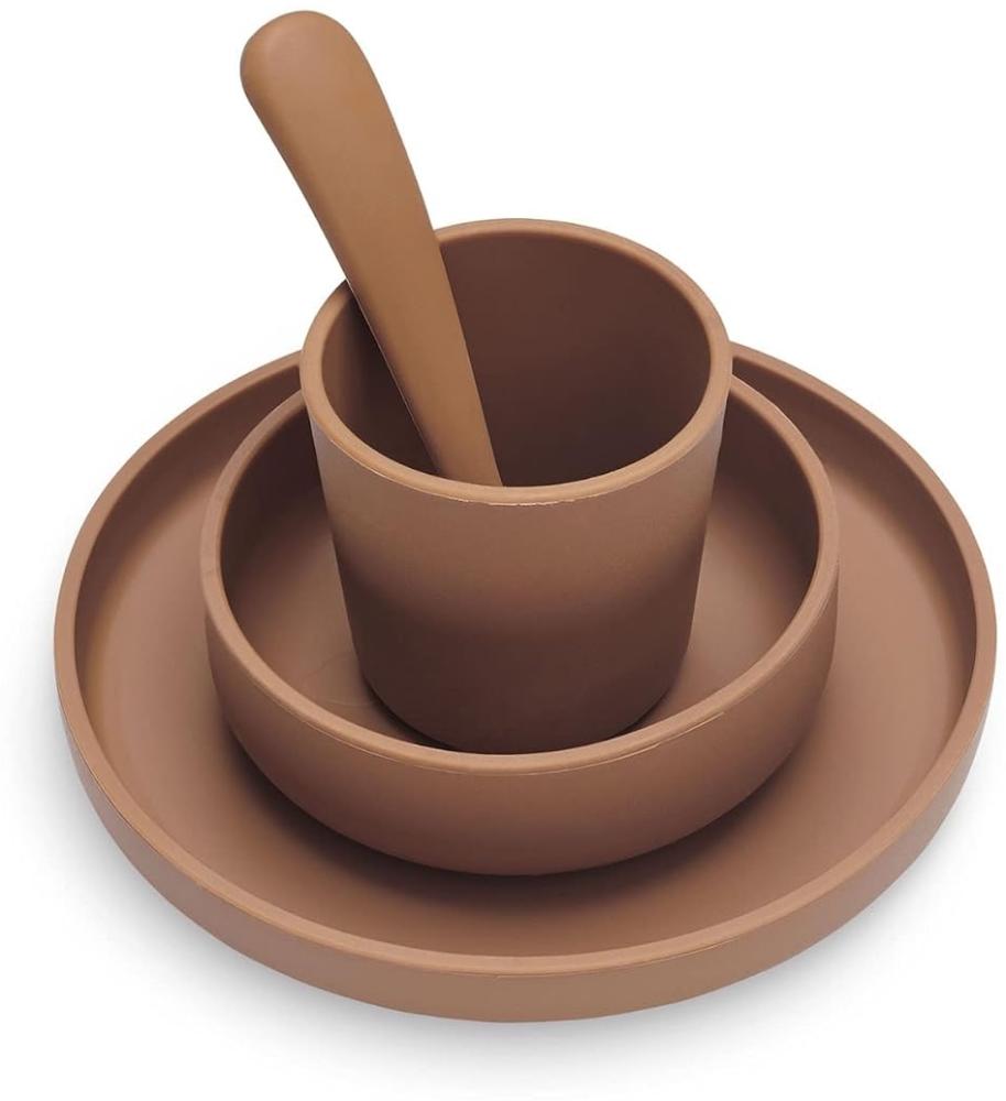 Jollein Kinder Geschirrset Silicon 4er Teller Schale Becher Löffel caramel Bild 1