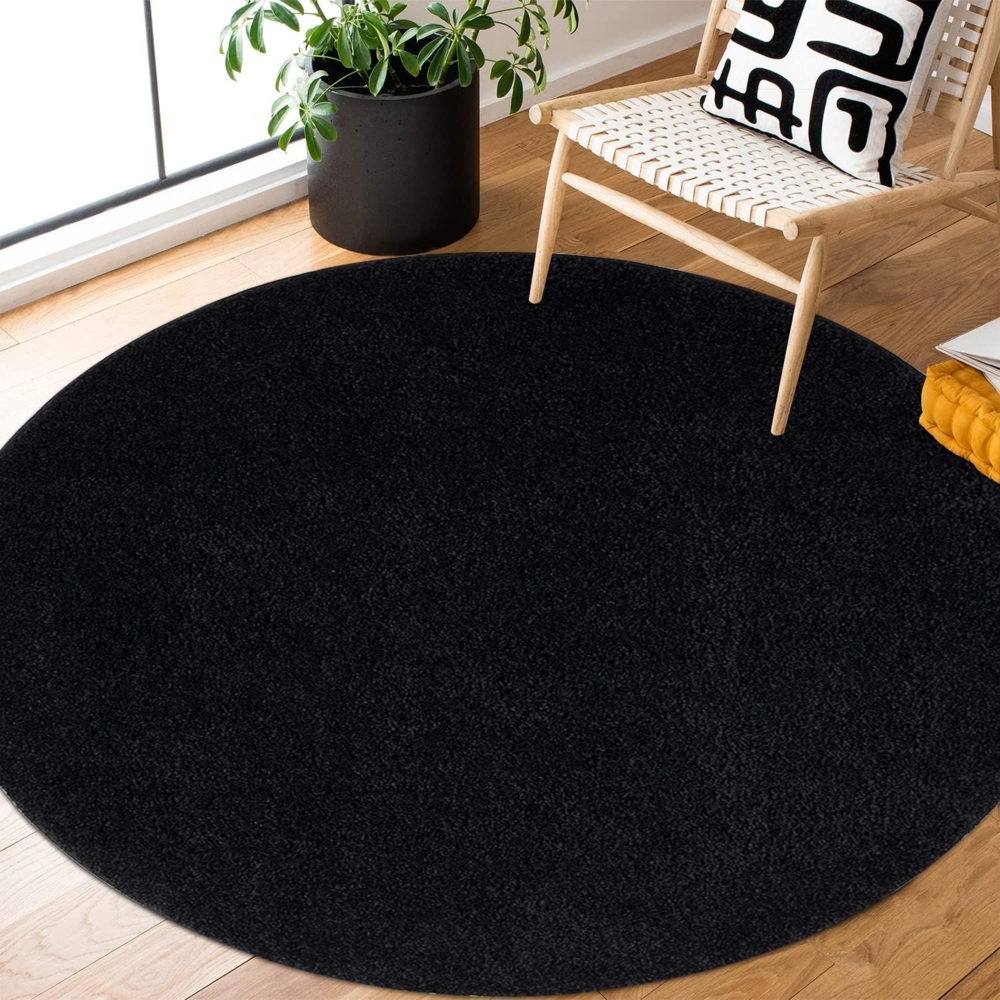 Teppich Rund Hochflor Shaggy - 200x200cm - Schwarz Einfarbig Uni Flauschig Modern Boho Wohnzimmer Schlafzimmer Deko Teppiche Weich Schlafzimmer Bild 1