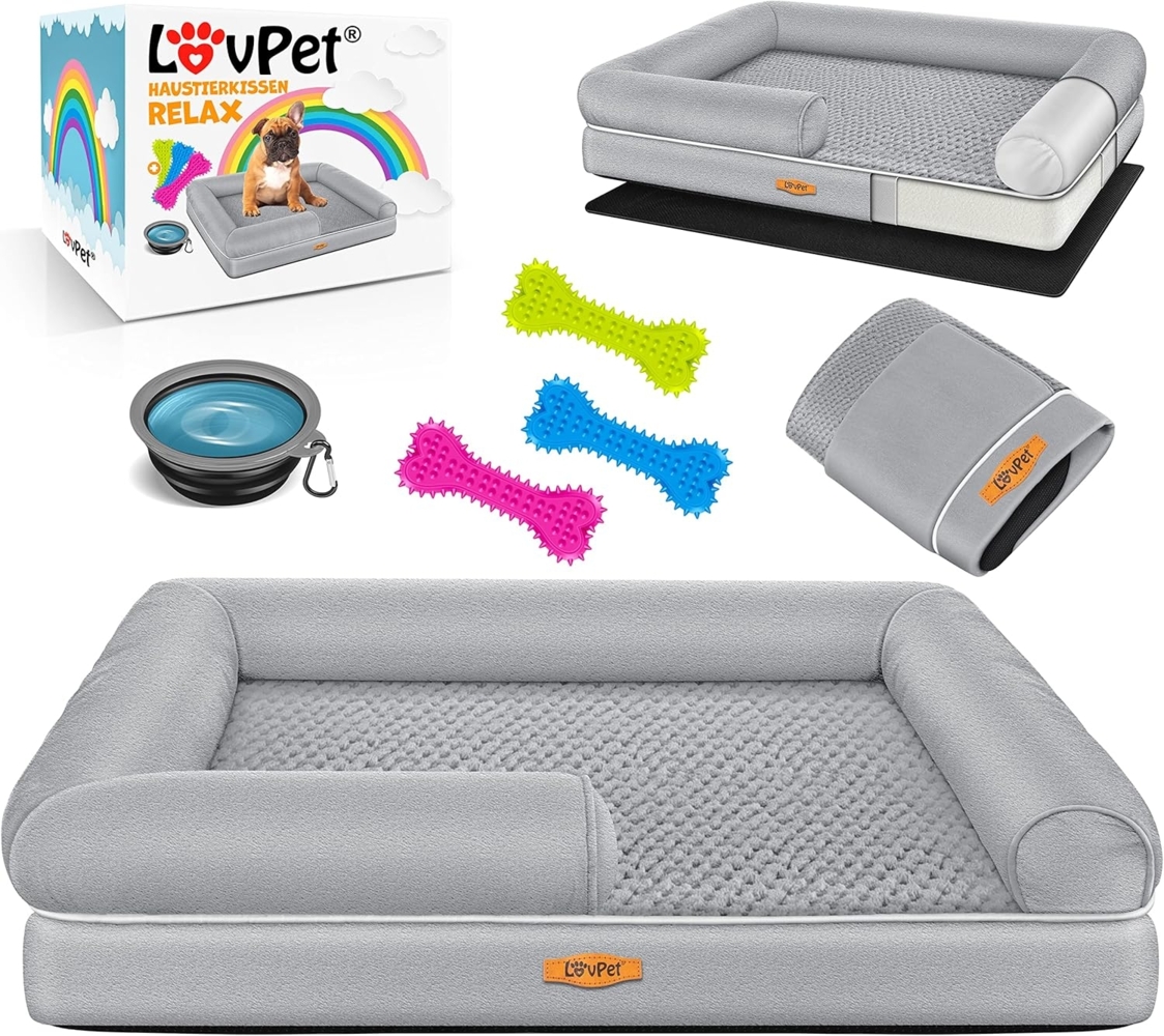 LovPet® Orthopädisches Hundebett inkl. Napf + 3X Kauknochen, Plüsch / Cotton grau, L (106 x 80 x 25 cm) Bild 1