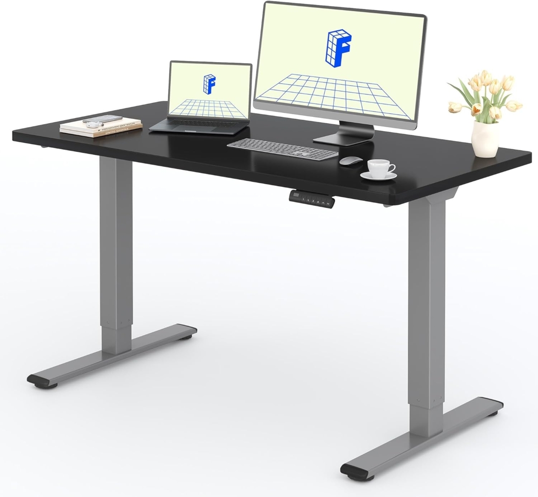 FLEXISPOT Höhenverstellbarer Schreibtisch mit 2 Motoren & 25MM einteiliger Tischplatte,ergonomischer Bürotisch - 140x80 cm Schwarz, graues Gestell Bild 1
