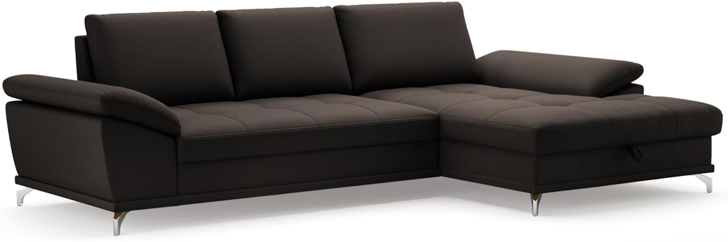 Cavadore Ecksofa Castiel mit Federkern / Eckcouch mit großem Longchair, Sitztiefenverstellung und mattschwarzen Metallfüßen / 301 x 89 x 176 / Echtleder, Dunkelbraun Bild 1