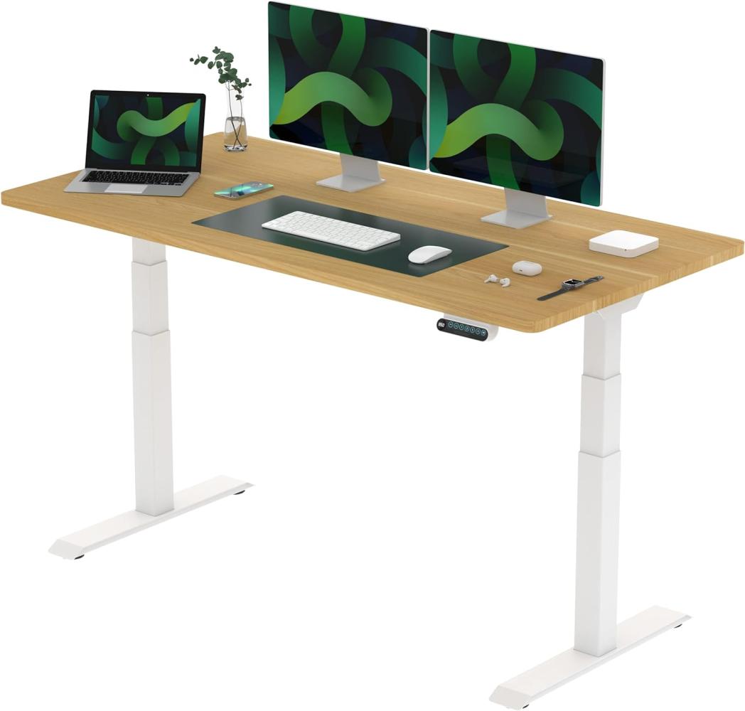 Flexispot E6 Elektrisch höhenverstellbarer Schreibtisch 160x80cm | Ergonomischer Steh-Sitz Tisch mit Memory Funktion | Beugt Rückenschmerzen vor & Macht produktiver (Ahorn, Gestell Weiß) Bild 1