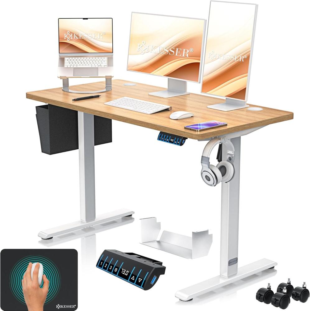 KESSER® Höhenverstellbarer Schreibtisch elektrisch | Ergonomisch Steh-Sitz Schreibtisch | 3-Funktions-Memory Steuerung | Inkl. 360° Rollen & USB-Ladeanschluss | Computertisch für Homeoffice Beige, 120x60 cm Bild 1