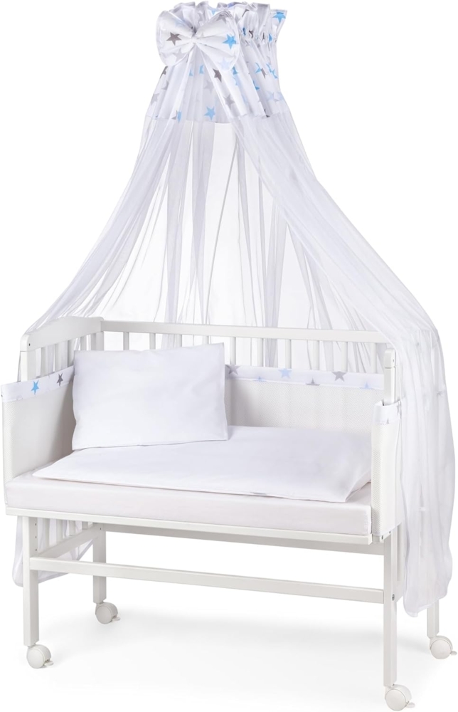 WALDIN Beistellbett mit Matratze und Nestchen, höhenverstellbar, Ausstattung Sterne-grau/blau, Gestell Weiß lackiert Bild 1
