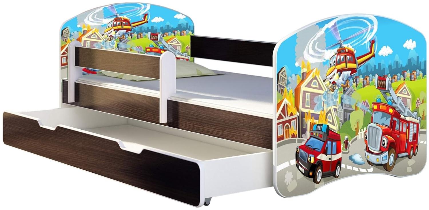 ACMA Kinderbett Jugendbett mit Einer Schublade und Matratze Wenge mit Rausfallschutz Lattenrost II 140x70 160x80 180x80 (36 Feuerwehr, 180x80 + Bettkasten) Bild 1