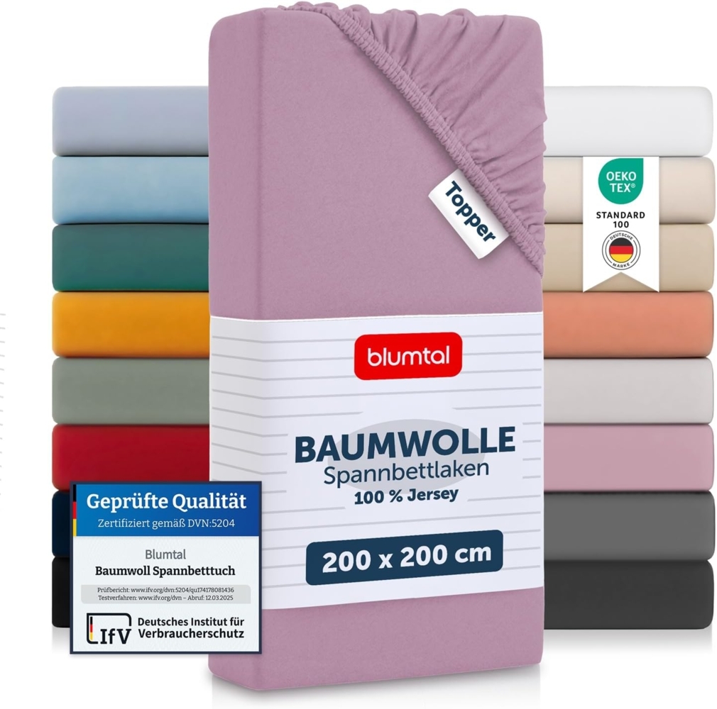 Blumtal® Baumwolle Spannbettlaken für Topper 200x200 cm Basics Jersey im 2er Set - Bettlaken 200x200 cm - OEKO-TEX zertifiziertes Spannbetttuch 200x200 - Topper Spannbettlaken 200x200 - Dusty Orchid Bild 1